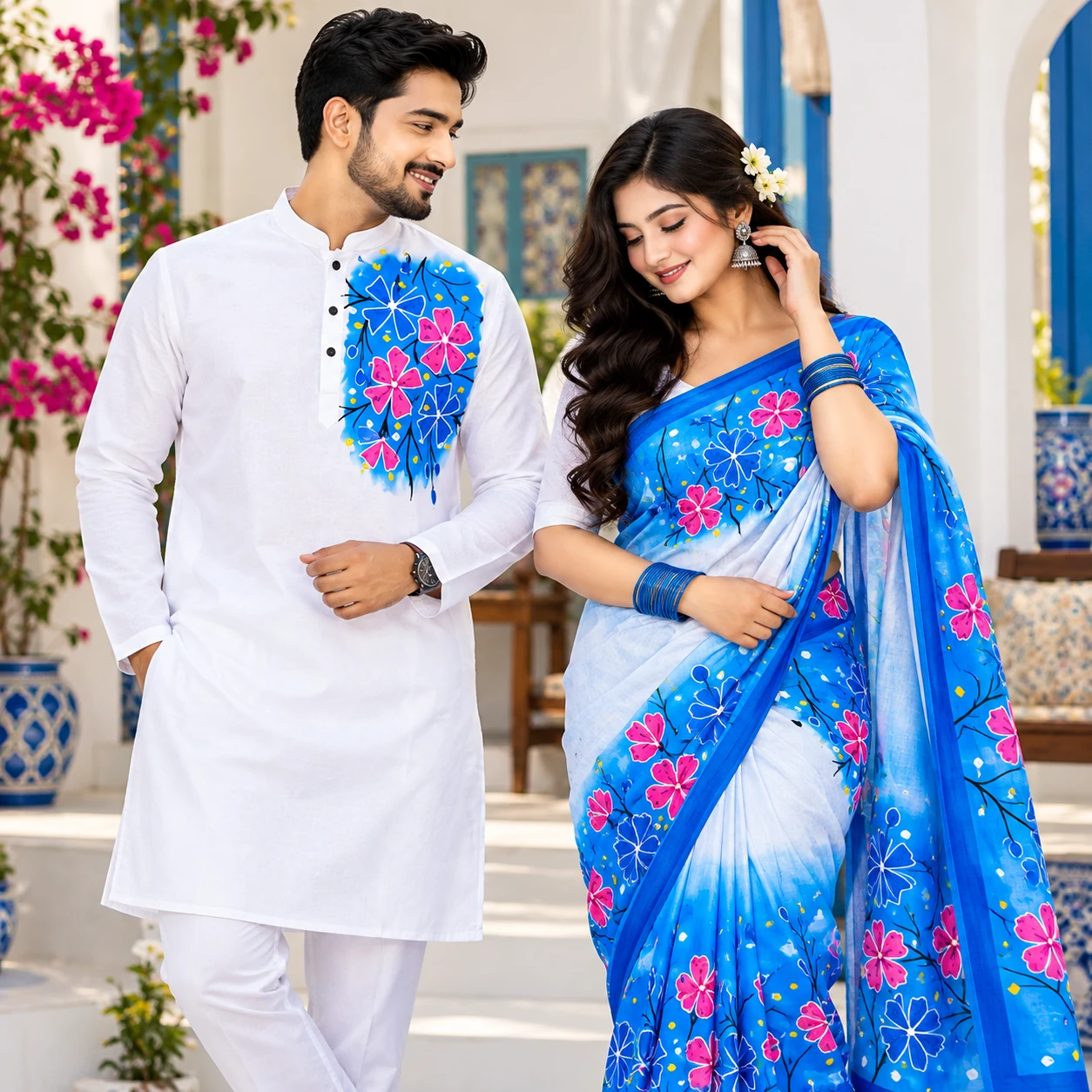 Attractive Hand-Painted Couple Set (Saree and Panjabi)