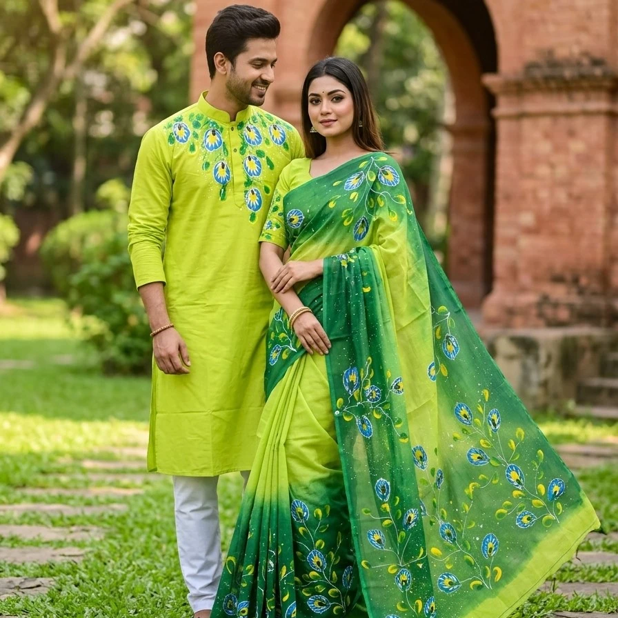 Attractive Hand-Painted Couple Set (Saree and Panjabi)