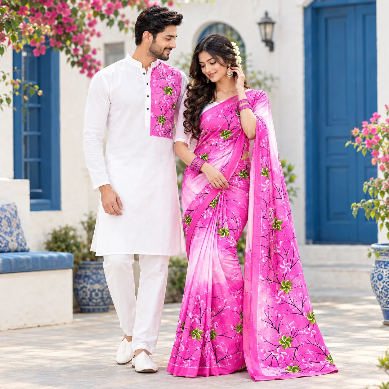 Attractive Hand-Painted Couple Set (Saree and Panjabi)